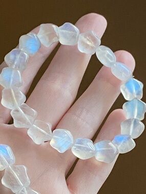 Moonstone Bracelet Blue Flash Square Beads Stretch Bracelet Fits up to 6.5 inch